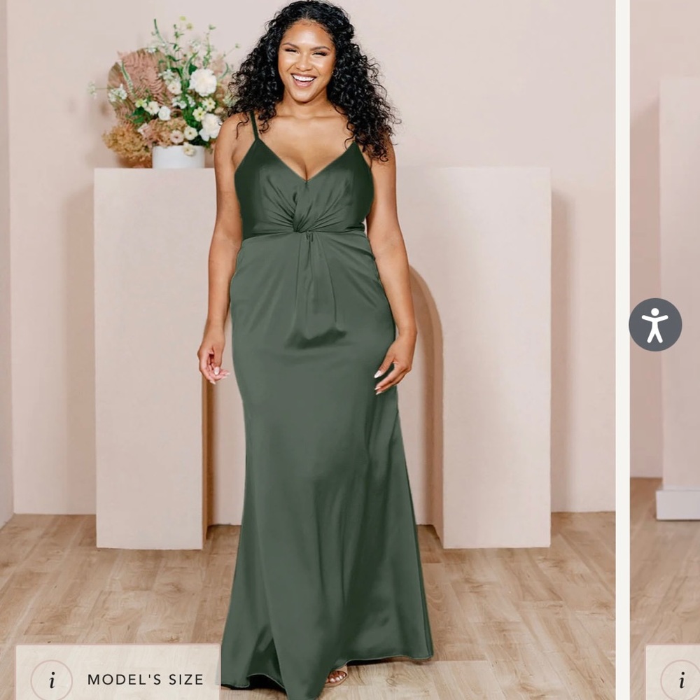 Olive green satin bridesmaid dress. Giada Satin Dress by Revelry. Size 8.